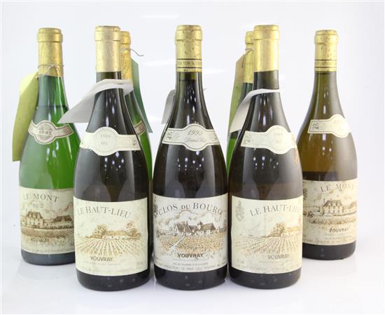 An eight bottle assortment of rare mature Vouvray sec and demi-sec from Domaine Huet